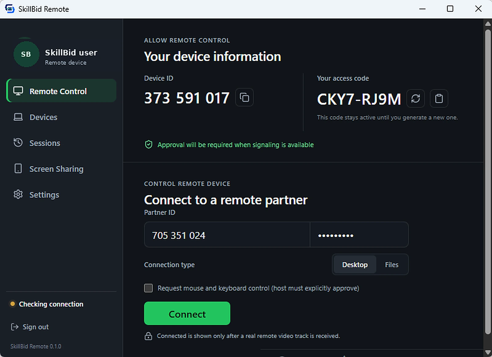 SkillBid Remote Windows interface