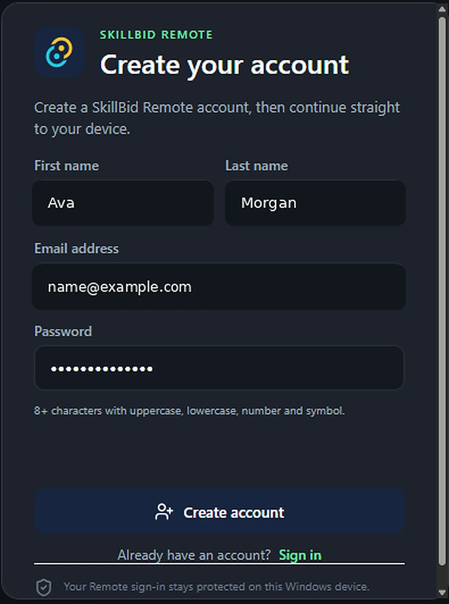 SkillBid Remote account creation screen