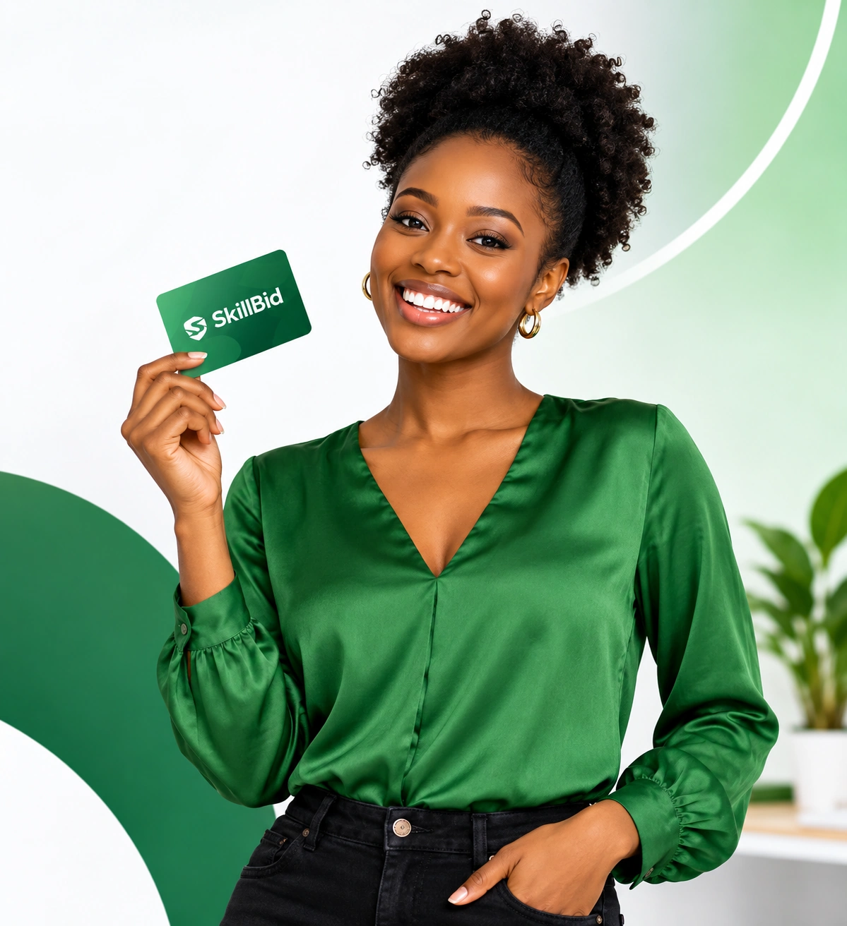 SkillBid specialist holding a SkillBid card
